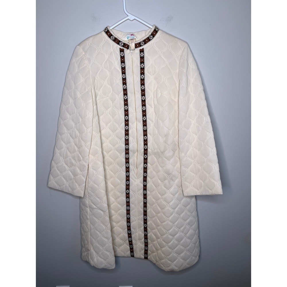 1960s Penneys Gaymode Cream Brown Quilted Mod Full Zip Long Robe House Coat XL